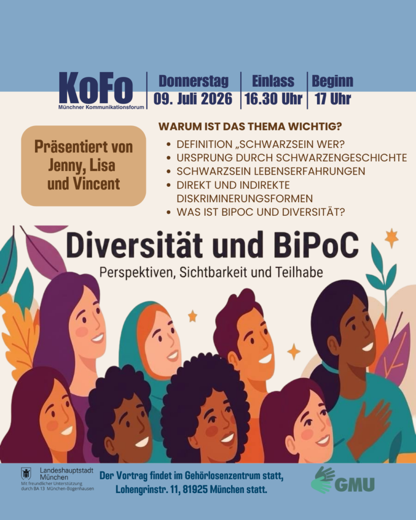Das Plakat zeigt verschiedene Menschen mit unterschiedlichen Hautfarben und Hintergründen. Die bunte Darstellung steht für Vielfalt, Gemeinschaft und Teilhabe. Es informiert über den Vortrag „Diversität und BIPoC“ und die Themen Schwarze Geschichte, Diskriminierung und Sichtbarkeit.